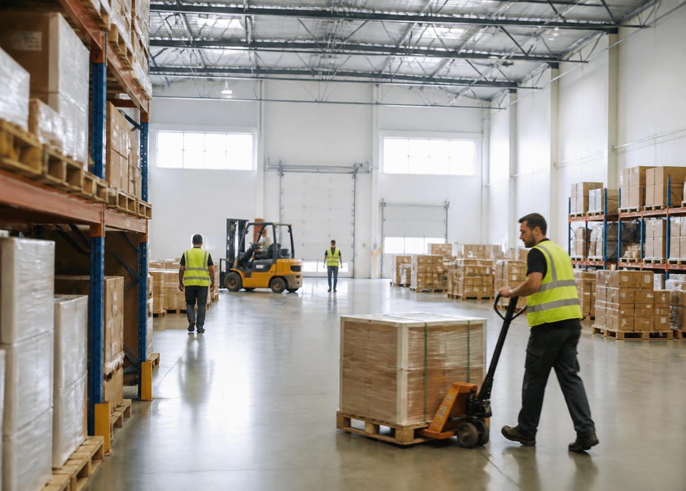 Warehouse workers moving pallets inside a large distribution facility in British Columbia