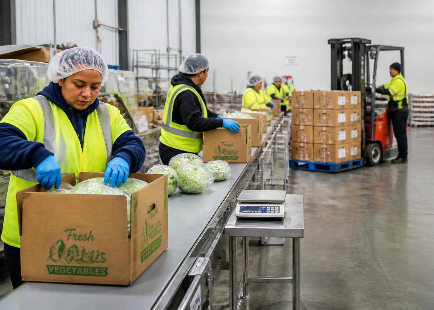Workers in high-visibility vests packing produce into boxes on a processing line